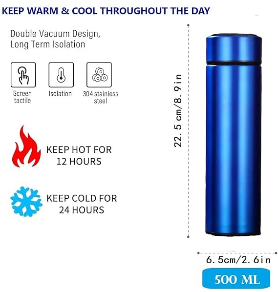 Hot & Cold Flask Bottle Temperature Display Indicator Insulated Stainless Steel Smart Water Bottle, Double Wall Vacuum Intelligent Cup, Hot and Cold Drinks,500ml(Multicolor)(BLUE)