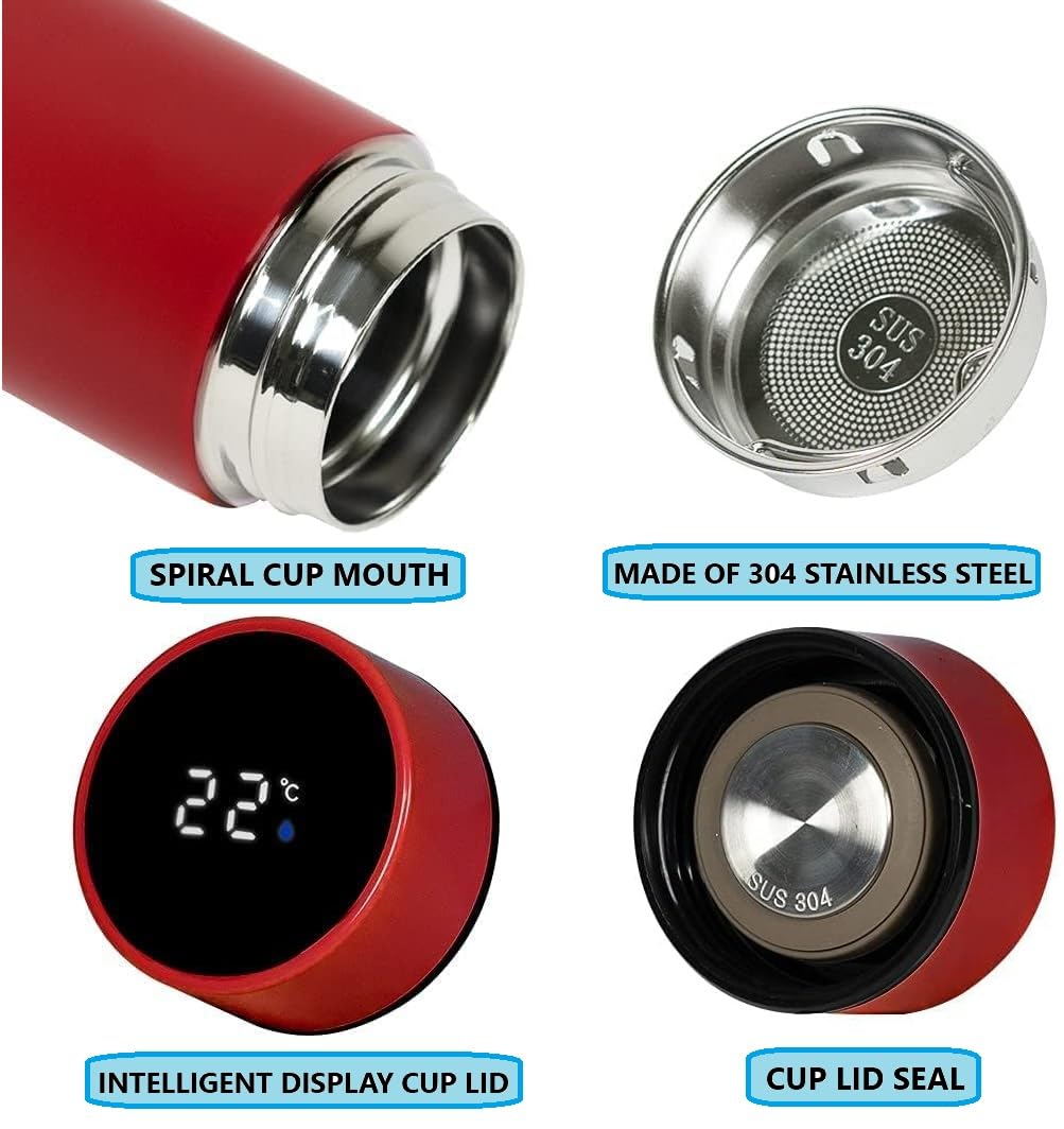 Hot & Cold Flask Bottle Temperature Display Indicator Insulated Stainless Steel Smart Water Bottle, Double Wall Vacuum Intelligent Cup, Hot and Cold Drinks,500ml(Multicolor)(RED)