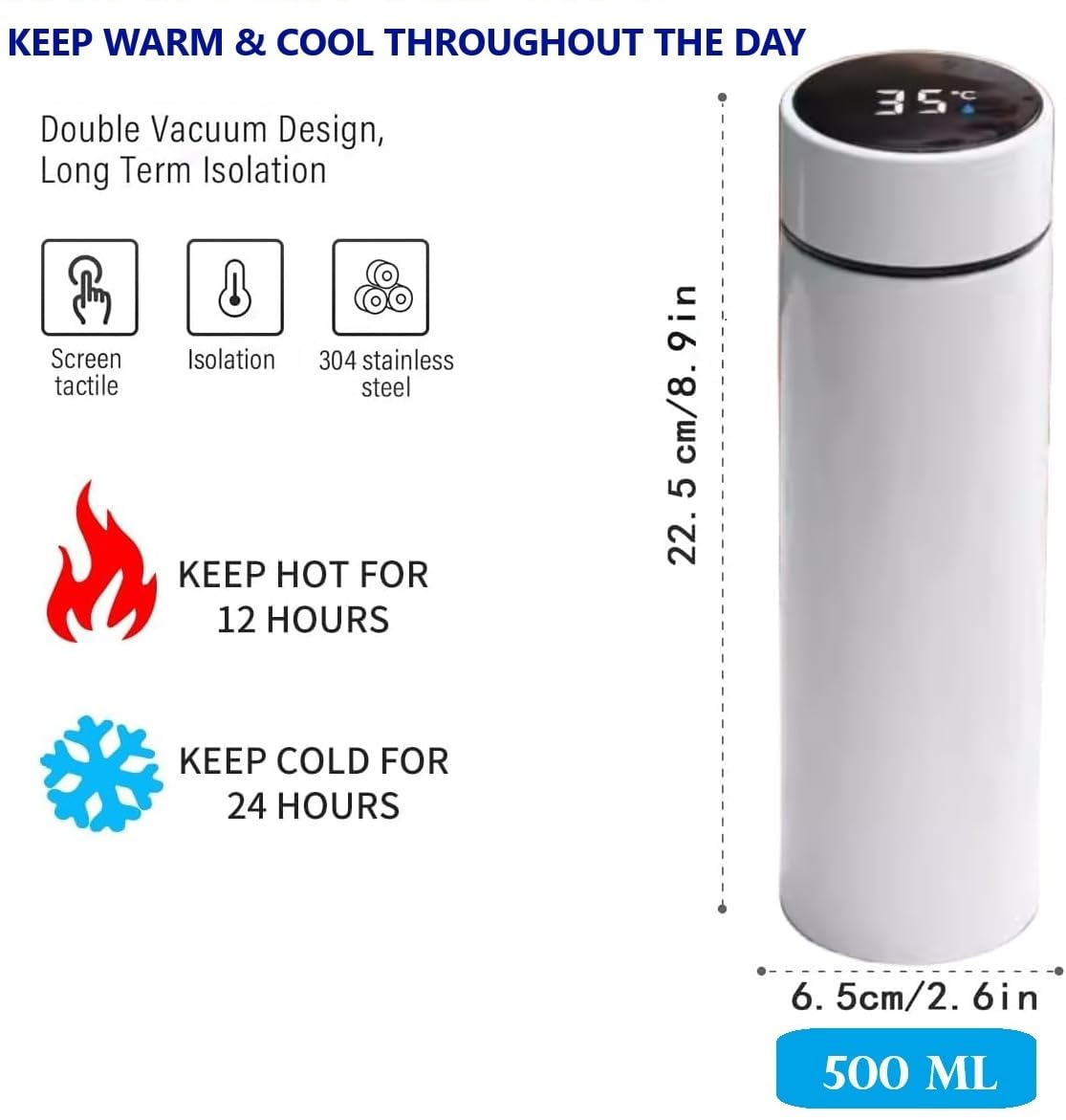 Hot & Cold Flask Bottle Temperature Display Indicator Insulated Stainless Steel Smart Water Bottle, Double Wall Vacuum Intelligent Cup, Hot and Cold Drinks,500ml(Multicolor)(WHITE)