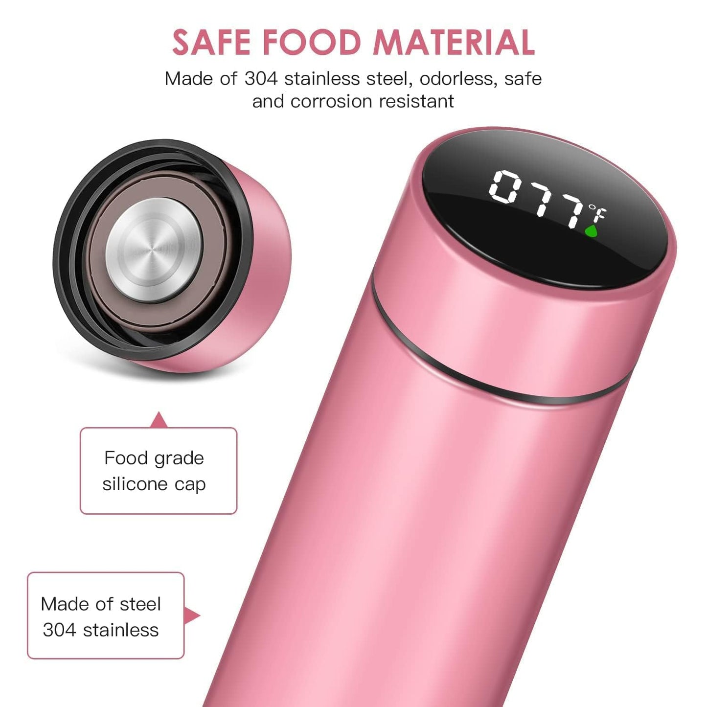 Hot & Cold Flask Bottle Temperature Display Indicator Insulated Stainless Steel Smart Water Bottle, Double Wall Vacuum Intelligent Cup, Hot and Cold Drinks,500ml(Multicolor)(PINK)