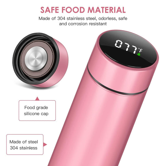 Hot & Cold Flask Bottle Temperature Display Indicator Insulated Stainless Steel Smart Water Bottle, Double Wall Vacuum Intelligent Cup, Hot and Cold Drinks,500ml(Multicolor)(PINK)