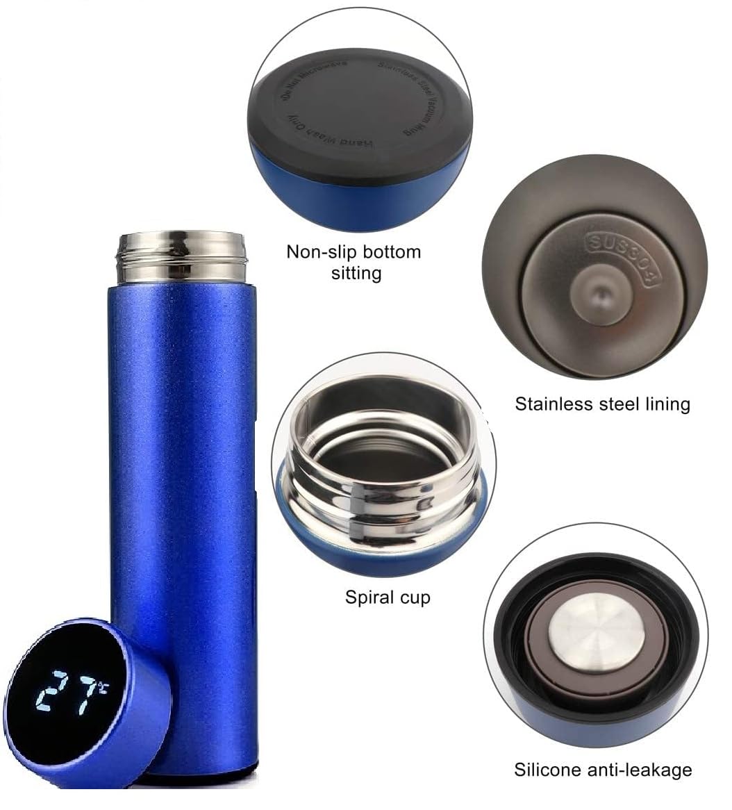 Hot & Cold Flask Bottle Temperature Display Indicator Insulated Stainless Steel Smart Water Bottle, Double Wall Vacuum Intelligent Cup, Hot and Cold Drinks,500ml(Multicolor)(BLUE)