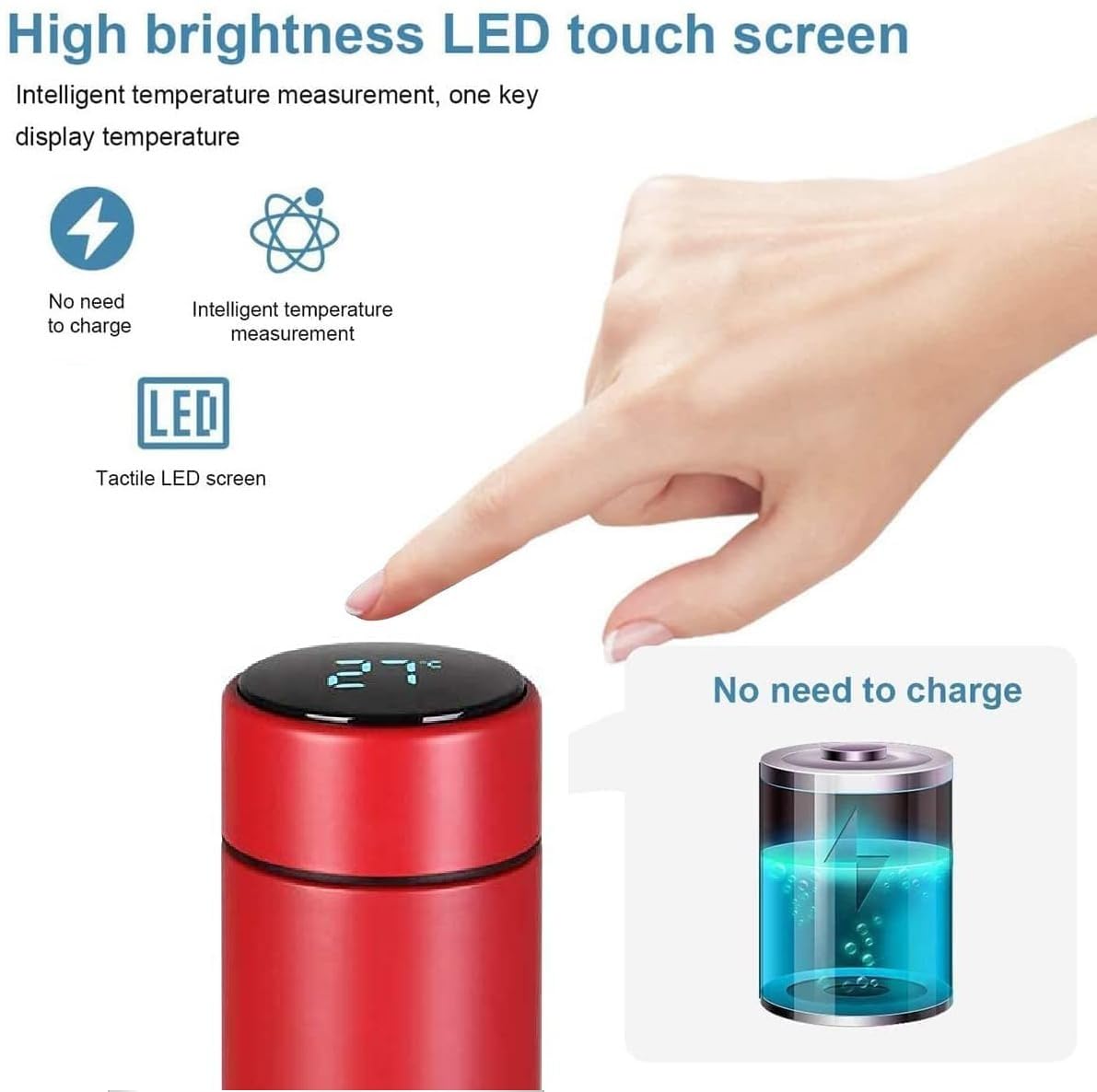 Hot & Cold Flask Bottle Temperature Display Indicator Insulated Stainless Steel Smart Water Bottle, Double Wall Vacuum Intelligent Cup, Hot and Cold Drinks,500ml(Multicolor)(RED)