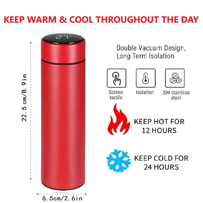 Hot & Cold Flask Bottle Temperature Display Indicator Insulated Stainless Steel Smart Water Bottle, Double Wall Vacuum Intelligent Cup, Hot and Cold Drinks,500ml(Multicolor)(RED)