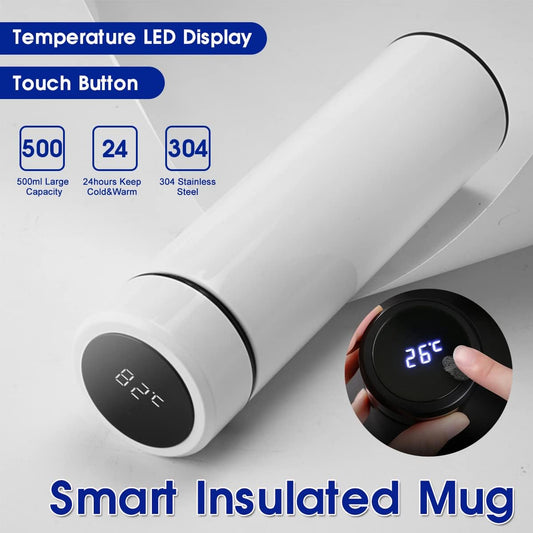Hot & Cold Flask Bottle Temperature Display Indicator Insulated Stainless Steel Smart Water Bottle, Double Wall Vacuum Intelligent Cup, Hot and Cold Drinks,500ml(Multicolor)(WHITE)