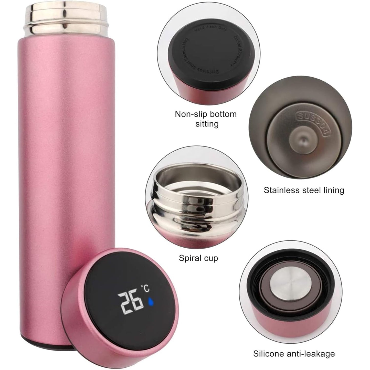 Hot & Cold Flask Bottle Temperature Display Indicator Insulated Stainless Steel Smart Water Bottle, Double Wall Vacuum Intelligent Cup, Hot and Cold Drinks,500ml(Multicolor)(PINK)