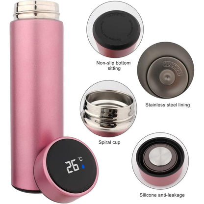 Hot & Cold Flask Bottle Temperature Display Indicator Insulated Stainless Steel Smart Water Bottle, Double Wall Vacuum Intelligent Cup, Hot and Cold Drinks,500ml(Multicolor)(PINK)