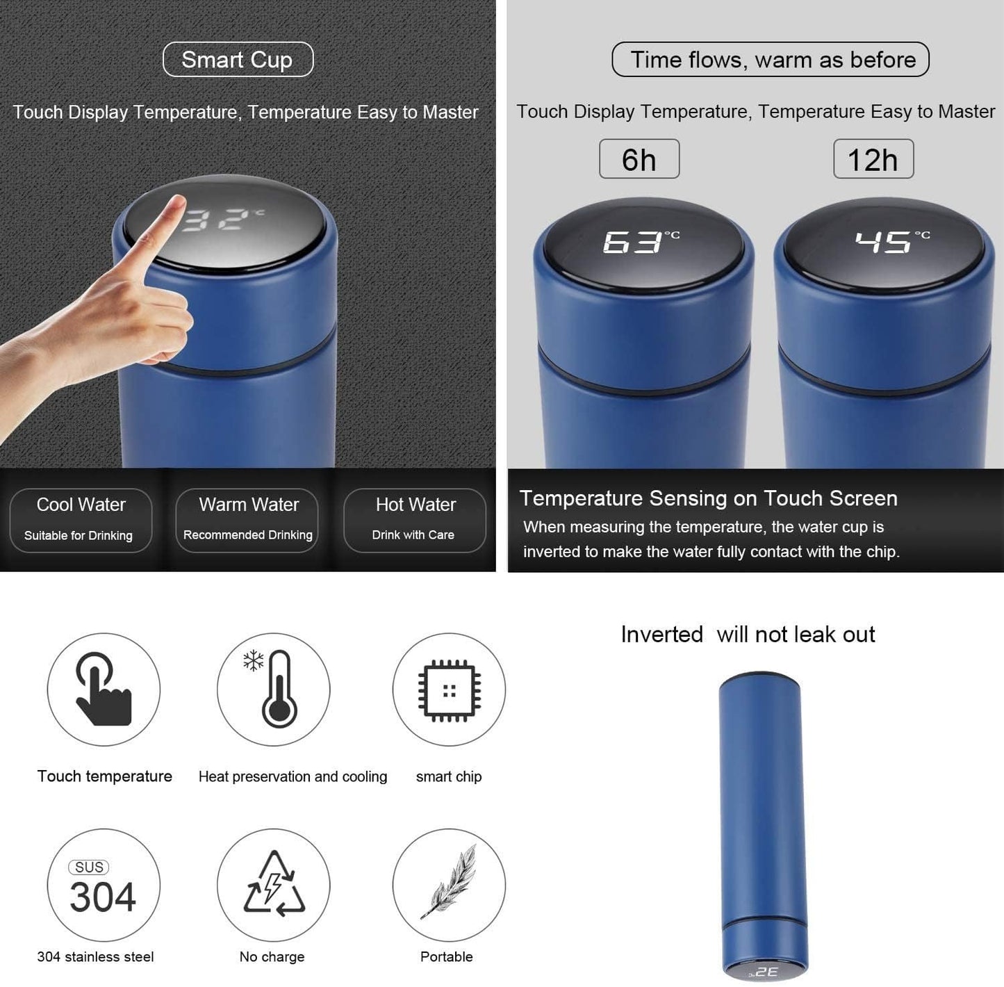 Hot & Cold Flask Bottle Temperature Display Indicator Insulated Stainless Steel Smart Water Bottle, Double Wall Vacuum Intelligent Cup, Hot and Cold Drinks,500ml(Multicolor)(BLUE)