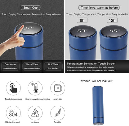 Hot & Cold Flask Bottle Temperature Display Indicator Insulated Stainless Steel Smart Water Bottle, Double Wall Vacuum Intelligent Cup, Hot and Cold Drinks,500ml(Multicolor)(BLUE)