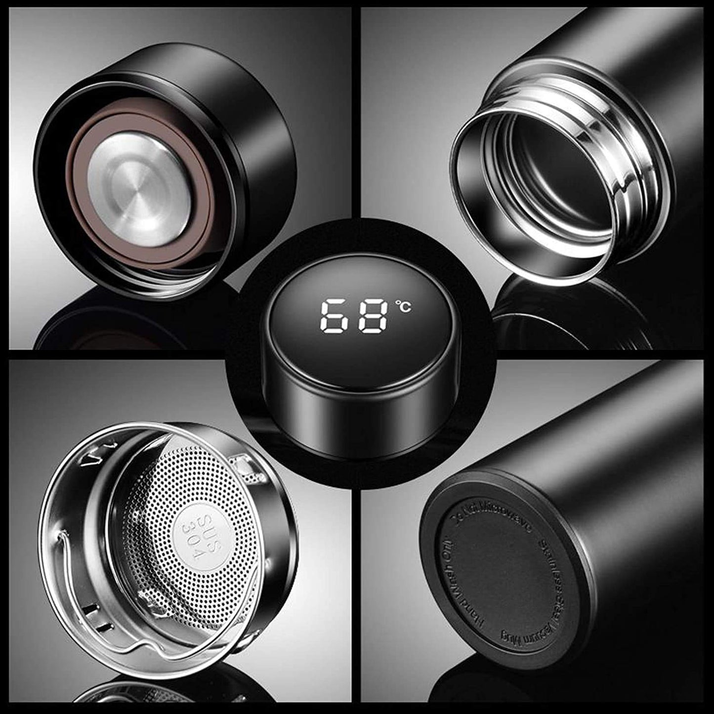 Hot & Cold Flask Bottle Temperature Display Indicator Insulated Stainless Steel Smart Water Bottle,500ml(Multicolor) (Black)